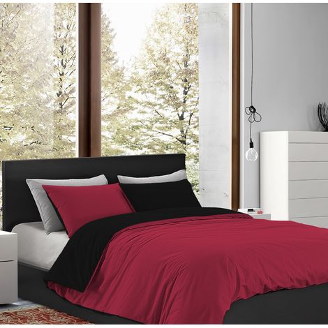 Parure Copripiumino in Flanella Felpato Prodotto Italiano Bicolore Sacco e Federe Double Face 100% Cotone Antipilling Bordeaux-Nero - Piazza e mezza (1/3)