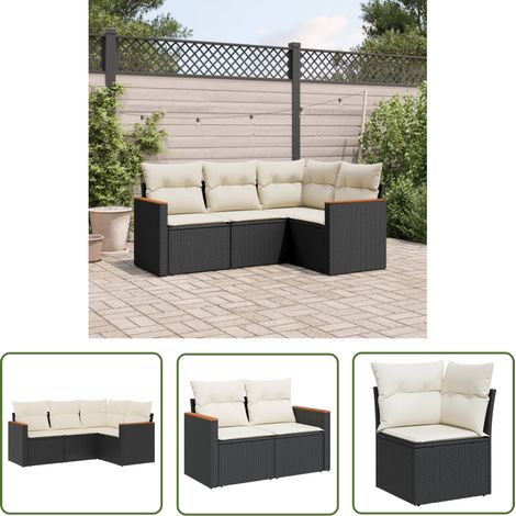 The Living Store Salon de jardin 4 pcs avec coussins noir résine tressée - Salon De Jardin - Mobilier Extérieur - Canapé Jardin - Set Salon De Jardin - Résine Tressée (1/5)