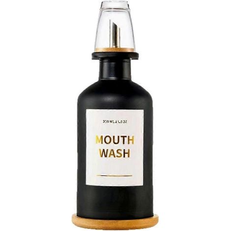 Mundwasserspender fürs Badezimmer, 350-ml-Glasflasche mit Becher und Bambustablett, goldgeprägte Schrift (1/5)