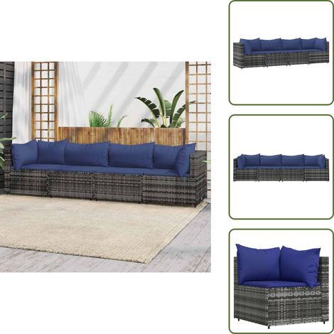 4-tlg. Garten-Lounge-Set mit Kissen Grau Poly Rattan - Gartensortiment - Gartenmöbeln - Loungemöbel - Outdoor Möbel - Rattanmöbel (1/5)