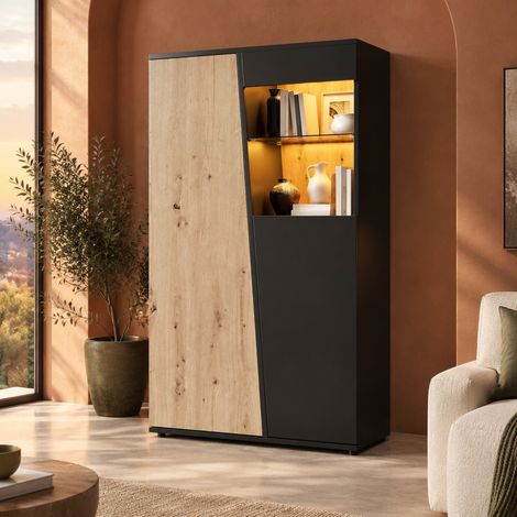 Vitrina con LED Bluetooth y puertas dobles, 9 compartimentos, baldas de vidrio ajustables y cierre suave, negro y madera clara – CHICFURN para salón, oficina o recibidor (1/5)