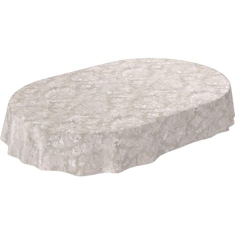 Nappe en Toile cirée Lavable pour Le Jardin, de Forme Ronde, Ovale ou rectangulaire, pour l'intérieur et l'extérieur, Motif Baroque vrillé, Beige-Gris Clair, Ovale, 240 x 140 cm (1/5)