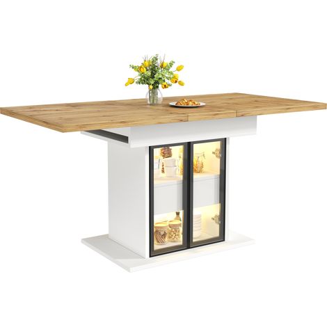 CHICFURN Mesa de comedor extensible con almacenaje, puertas de cristal y luz LED RGB, 110-140 cm, diseño moderno en blanco, ideal para cocina y salón (1/5)