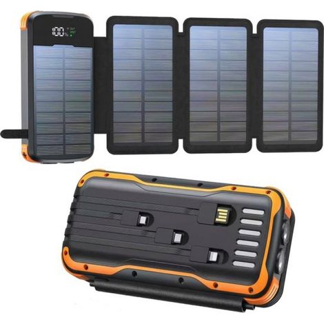 Batterie externe Solar+ 30 000 mAh – Recharge 5 appareils simultanément – 4 câbles intégrés – 3 ports – Panneau solaire – Lampe torche LED – Usage extérieur – Noir (1/5)