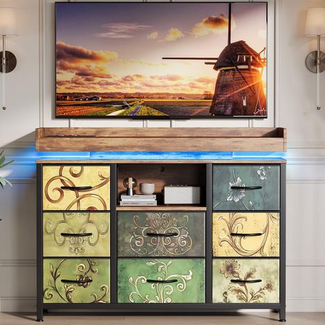 Commode 108x30x85.5 cm avec 8 tiroirs en tissu, éclairage LED RGB et prise de courant Moderne - Tissu - Multicouleur