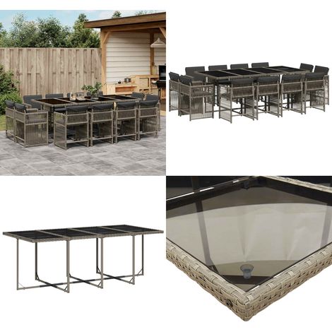 Set comedor de jardín con cojines 13 pzas ratán sintético gris - Sillas de jardín - Cojines para sillas
