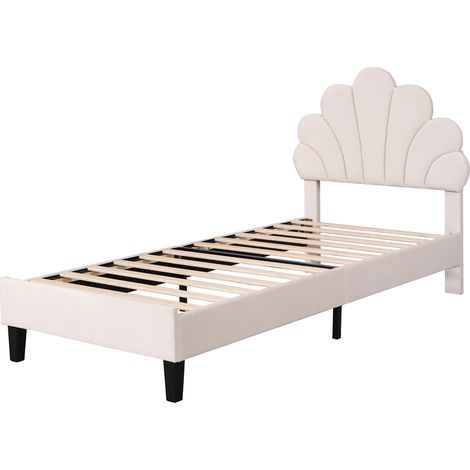 Cama capitoné infantil 90 x 200 cm beige con cabecero de flor y somier de lamas (1/5)