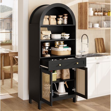 Vitrine moderne arquée 170 cm noire et effet bois avec portes en rotin et tiroir (1/5)