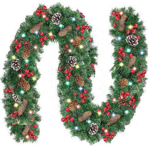 Vorbeleuchtete Weihnachtsgirlande mit Lichtern, Blumen und Kugeln, Weihnachtsgirlande für drinnen, draußen, drinnen, Kamin, Treppendekoration, Rot (1/5)