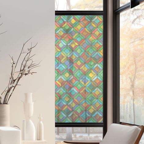 Stickers décoratifs électrostatique, losanges, multicolore, géométrique, raccordable, effet vitrail, 150 cm X 67,5 cm (1/2)