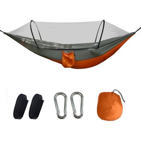Hamaca ultraligera para exteriores con mosquitera，capacidad de carga de 300 kg，hamaca portátil de nailon de paracaídas para mochileros (1/5)