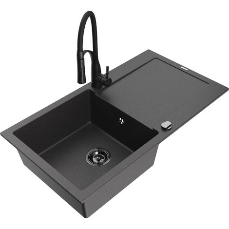 Mexen Leo évier en granit 1 bac avec égouttoir et robinet de cuisine Aster, noir moucheté - 6501-76-73450-70-B (1/5)