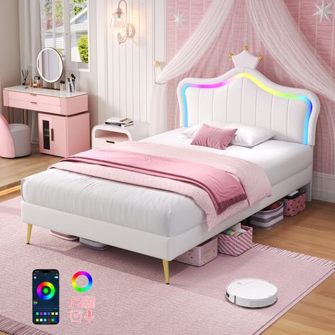 3ft Single Upholstered Bed with LED Adjustable Crown Shape Headboard, PU Leather Bed Frame with Solid Wood Slat, No Box Spring Needed, Easy Assembly, Cream White (No Mattress)