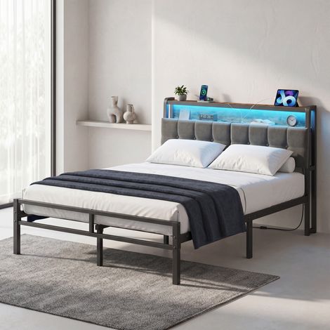 Lit Double en Métal 140 x 190 cm, Tête de Lit Rembourrée avec Rangement, LED et Prise USB, Chambre, Noir et Marron (1/4)