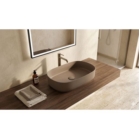 Lavabo ovale da appoggio senza troppo pieno in ceramica senza foro rubinetto - Tortora Opaco