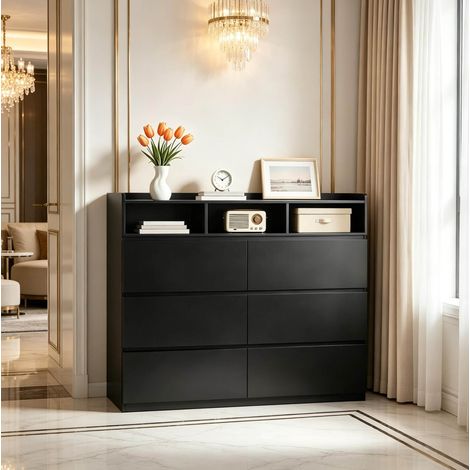 Commode noire 6 tiroirs et 3 niches ouvertes, 120 x 40 x 100 cm, panneau E1 (1/5)