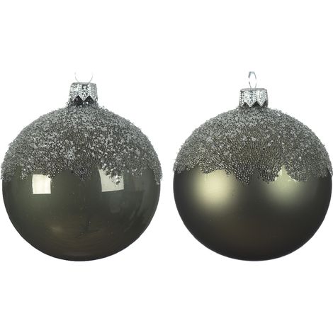 Pallina di natale colore verde muschio assortite con top ricoperto di glitter Ø8 cm