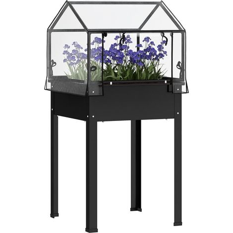 Balcon et terrasse : jardinez sans vous baisser avec ce carré potager surélevé, serre à porte et drainage 60x60x120 cm noir (1/5)