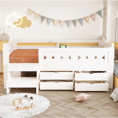 Letto a castello 90x200 cm bianco con LED, cassetti e vani contenitore (1/5)