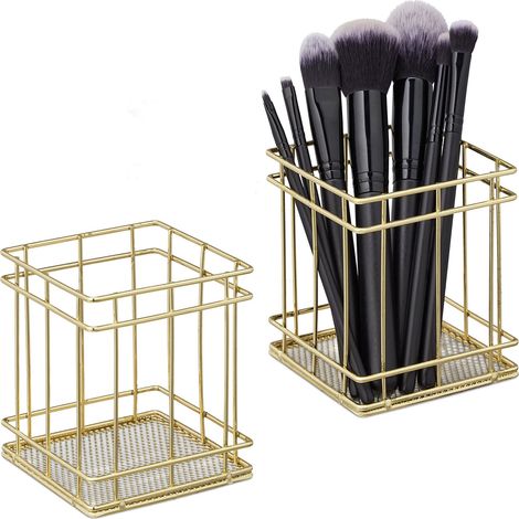 2x Porta Penne in Ferro Quadrato Design Rete, Portapennelli Metallo, da Scrivania HLP: 10x9x9 cm, Dorato