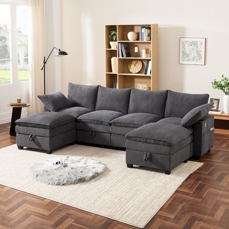 Canapé modulaire 280x151x82 cm gris en velours côtelé avec rangement, ports USB, porte-gobelets et 2 poufs (1/5)