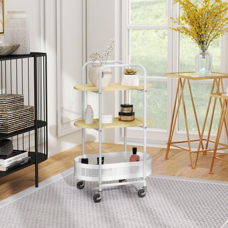 Carrito Auxiliar con Ruedas de 3 Niveles Carro de Almacenamiento con Cesta y Estantes 49,5x32,5x82,5 cm Blanco y Madera Natural (1/5)