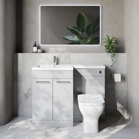 Napoli 460 Gloss Grey Pearl 1100mm 2 Door Vanity Unit Toilet Suite with Left Hand Square Lucia Basin - 1100mm - Chrome 160mm HandleWith Kingston Toilet Pan and Seat