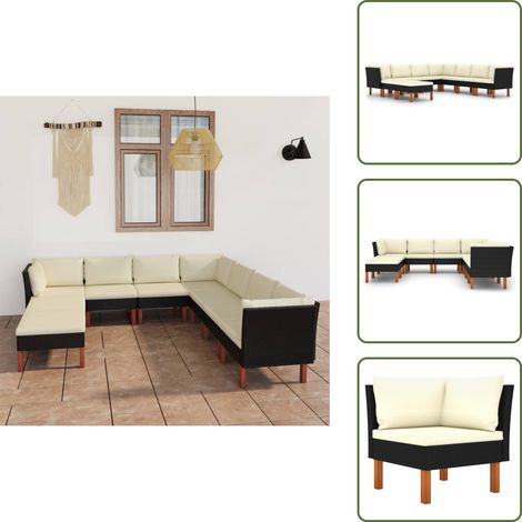 9-tlg. Garten-Lounge-Set mit Kissen Poly Rattan Schwarz - Gartensortiment - Loungemöbel - Gartenloungeset - PE-Rattan Möbel - Outdoormöbel (1/5)