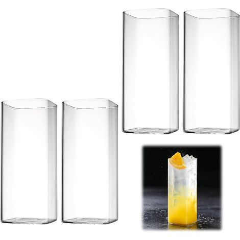 Set mit 4 transparenten 400-ml-Wassergläsern. Elegante, quadratische Longdrinkgläser. Geeignet für Wasser, Saft, Bier, Cocktails, Mojitos und Mixgetränke. (1/5)