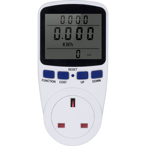 Stromverbrauchszähler für Großbritannien mit LCD-Anzeige – Misst Watt, Volt, Ampere, kWh – Wechselstrom-Strommonitor und -Analysator 230 V  250 V zur Energieeinsparung