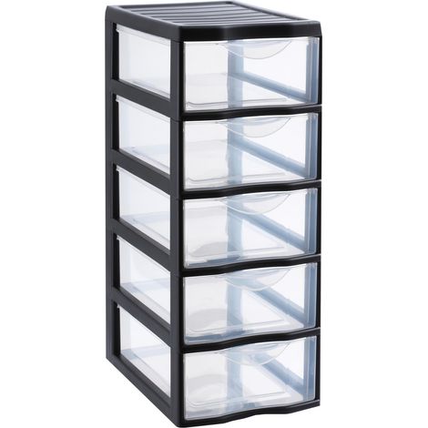 tour de rangement en plastique noir, 5 tiroirs transparents format papier A4, hauteur 61 cm, idéale rangement bureau, cours, documents, fournitures, accessoires (1/4)