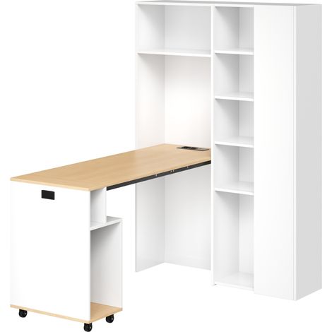 Scrivania pieghevole con libreria 2 in 1, presa UE e USB, ripiani regolabili, bianco MODENUIT (1/5)