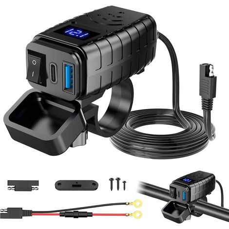 Prise USB étanche pour moto avec interrupteur marche/arrêt et câble de charge rapide de type C Multi USB pour moto et camping-car (1/5)