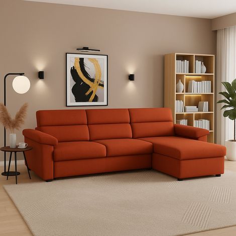 Dmora - Sofá fijo con península Ceto, Sofá esquinero para salón, acolchado, desenfundable, calidad 100% Made in Italy, 285x160 h100 cm, Naranja (1/5)