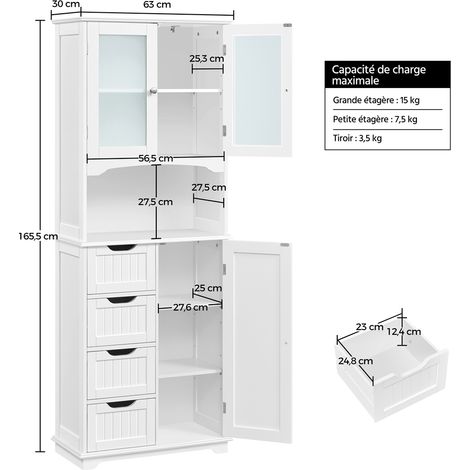 Yaheetech – Colonne de salle de bain avec 4 tiroirs – Placard 2 portes en verre trempé – Étagères réglables – MDF blanc 60 × 30 × 165,5 cm — vue 4