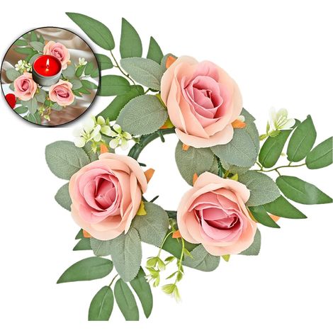 Couronne De Bougie En Fleurs Artificielles - Rose Artificielle - Pour Décoration De Table Mariage Saint Valentin - Diamètre 27 Cm - 1 Pièce (1/5)