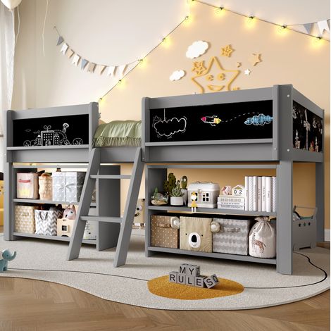 Lit mezzanine 90x200 cm gris – rangements, échelle de sécurité, sans matelas (1/5)