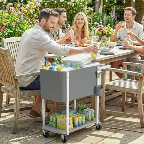 Carrello frigo da 56 litri con ruote, ripiano, apribottiglie, protezione per i piedi, scarico e maniglia per feste in giardino, 84x38x83 cm, grigio