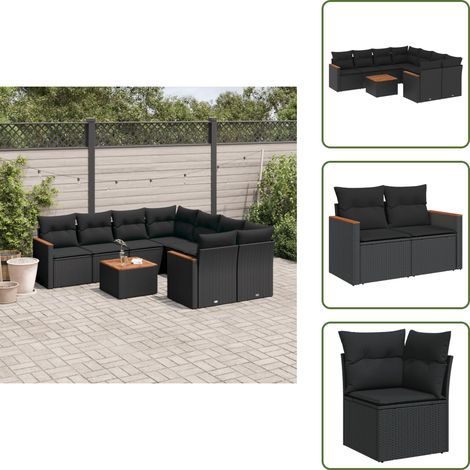 The Living Store 9-tlg. Garten-Sofagarnitur mit Kissen Schwarz Poly Rattan - Gartenmöbel Set - Outdoor Lounge - Rattan Gartenset - Esstisch Set - Balkonmöbel