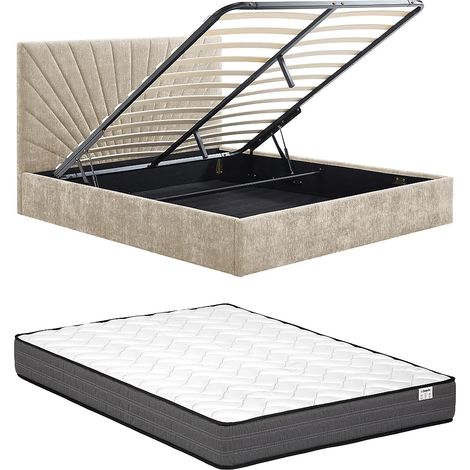Lit coffre 140 x 190 cm - Tissu texturé - Beige + Matelas - RIBIOLA (1/5)
