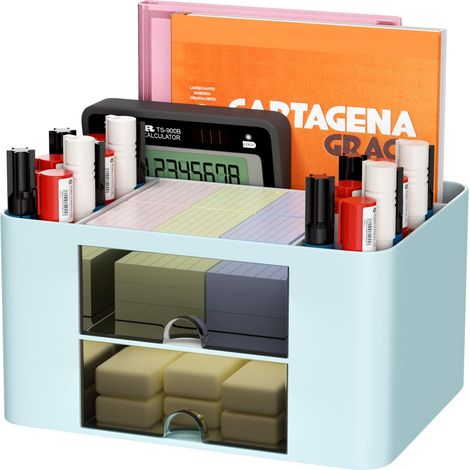 1 Organisateur de bureau, 5 compartiments, 2 tiroirs, plastique, rangement stylos, maison école bureau (1/5)
