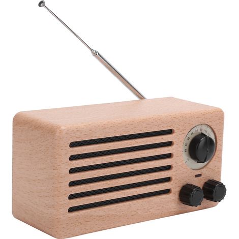 Mini enceinte Bluetooth rétro avec caisson de basses stéréo, radio FM, entrée auxiliaire, port USB et appels mains libres (couleur érable). (1/5)