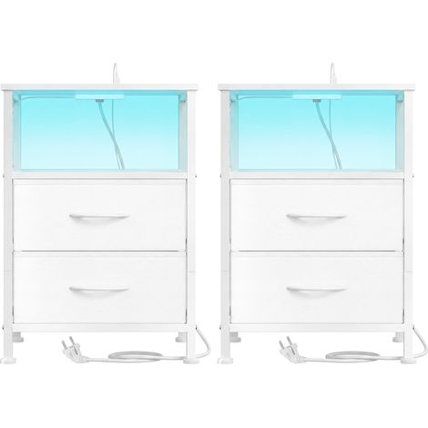 Table de Chevet avec Éclairage LED et Multiprise, Lot de 2, 2 Tiroirs et 1 Compartiment Ouvert, Blanc