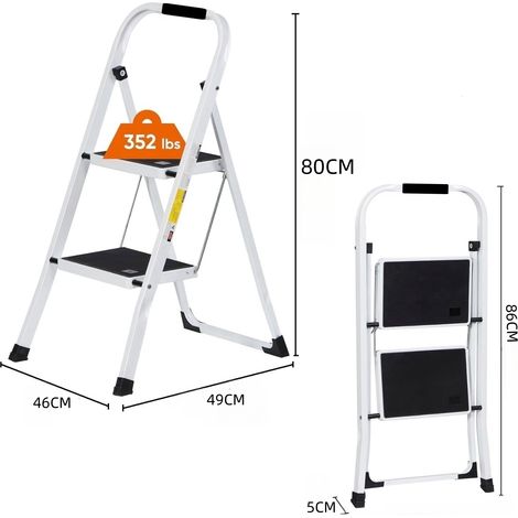 Escabeau pliable 2 marches, léger pour adultes, marches antidérapantes, main courante, capacité 150 kg, pour cuisine et maison, 2 marches (1/5)