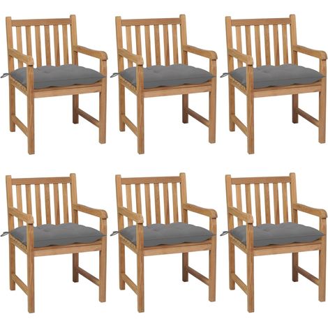 Lot de 6 Chaises de jardin - Chaises d'extérieur pour terrasse/jardin avec coussins gris Bois de teck solide BV661658 - BonneVie (1/5)