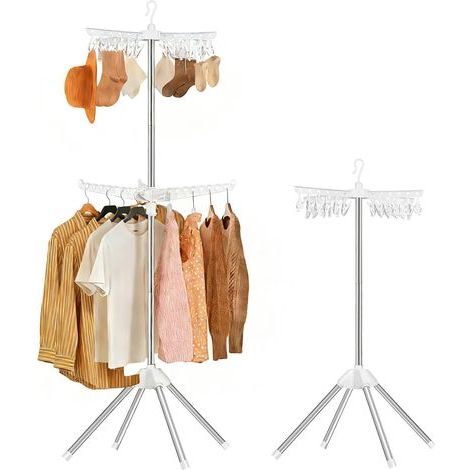 Étendoir à linge pliable - 2 niveaux - Portable - Barre de séchage rotative - 24 pinces - 3 bras pivotants - Convient aux appartements et aux petites pièces (1/5)