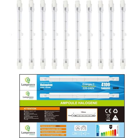 Lampesecoenergie – Lot de 10 ampoules halogènes linéaires 300W R7s dimmables – Lumière chaude 2800K – 4100 lumens – Classe énergétique C