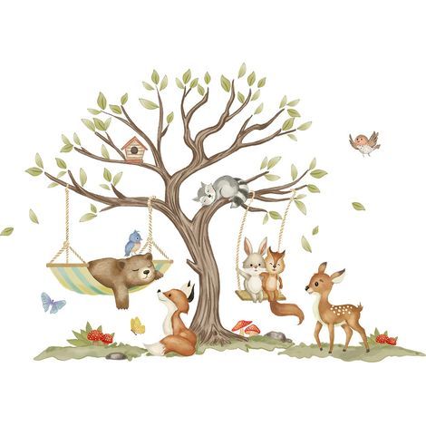 Stickers Muraux Animaux Foret Arbre Autocollants Muraux Mural Stickers Enfants Cerf Renard Pin pour Chambre Enfants Bébé Pépinière (1/5)
