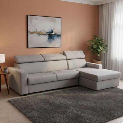 Talamo Italia Sofa cama Alceste, Sofá de esquina, 100% Made in Italy, Sofá con apertura giratoria, con Península de Contenedores a la Derecha, con reposabrazos delgados, Cm 260x95h85, Gris, con embala (1/5)