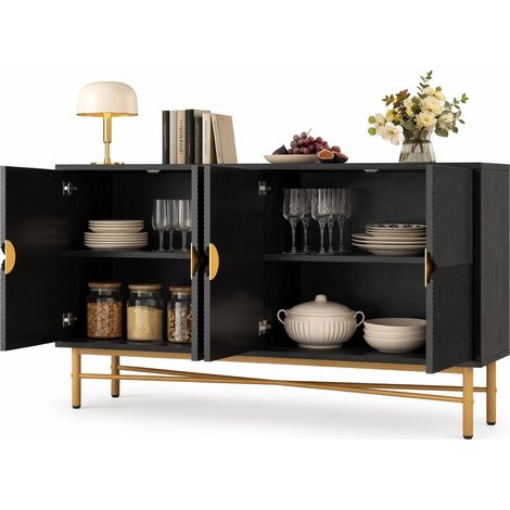 Buffet 4 portes noir 160 cm avec poignées dorées brossées, façades texturées, pieds brillants et fermeture douce, pour salon, salle à manger ou chambre  CHICFURN (1/5)